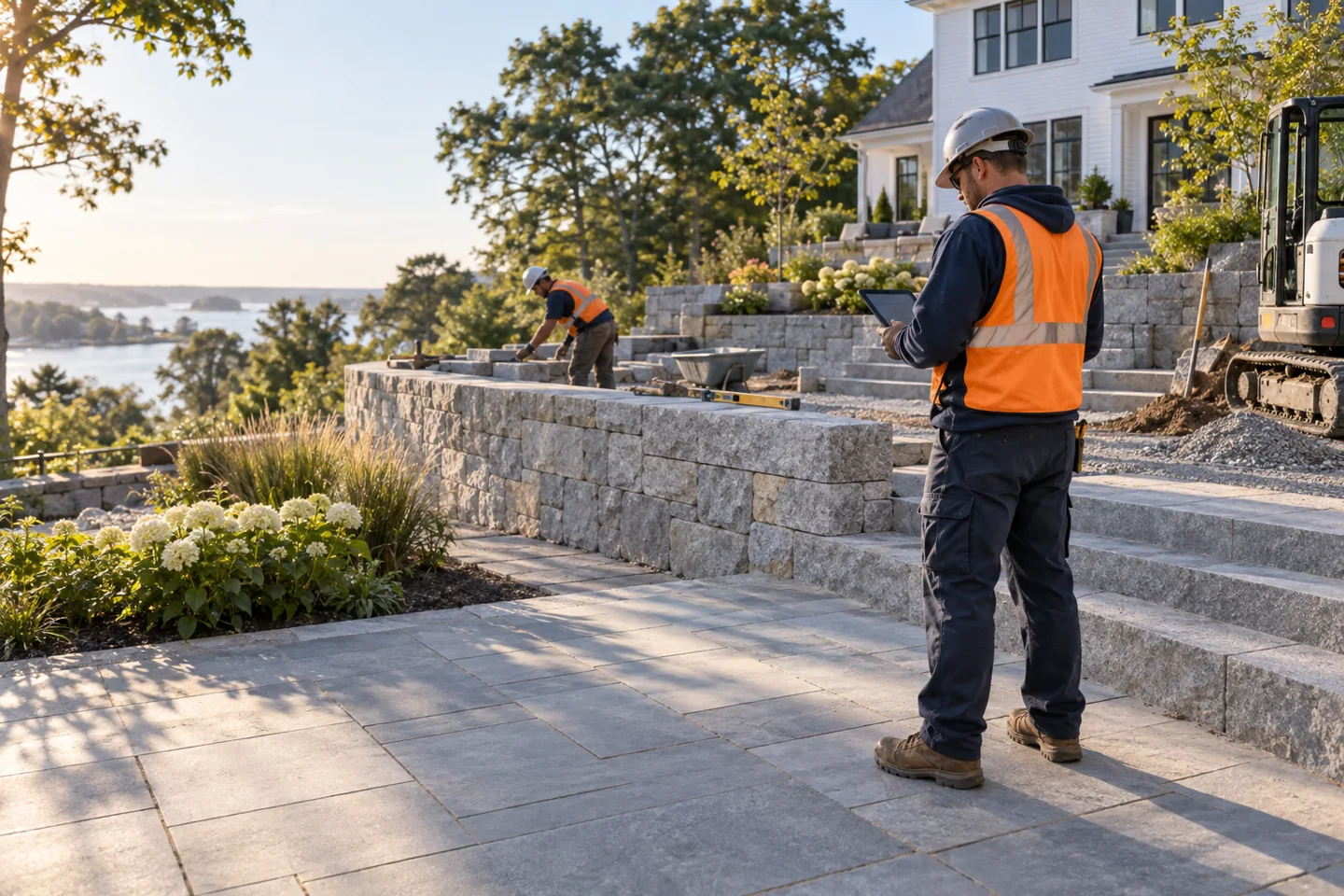 Illustrative scene of a contractor reviewing work on a tablet beside a stone terrace under construction.